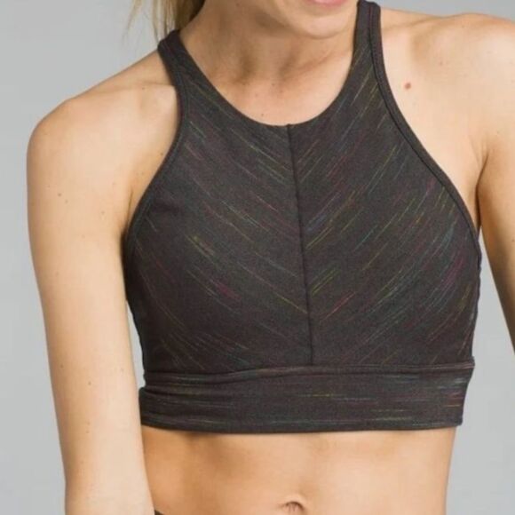 Prana Itzel Space Dye Gray Jersey Knotted Back High Neck Racerback Sports Bra L - Picture 1 of 13